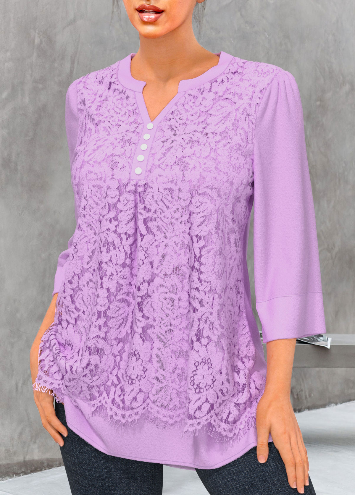 Light Purple Lace Stitching Split Neck Blouse