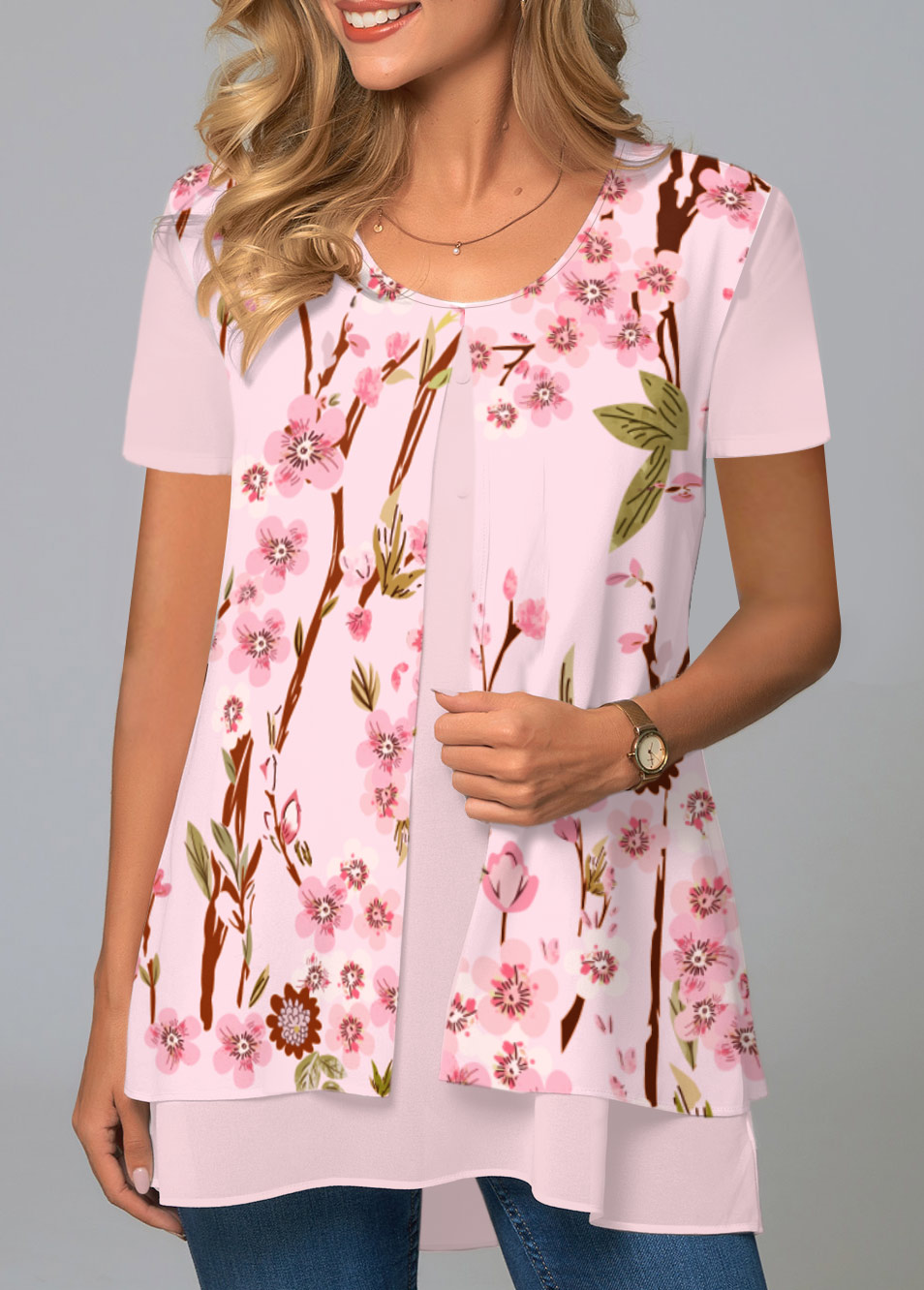 Pink Floral Print Short Sleeve Round Neck Blouse