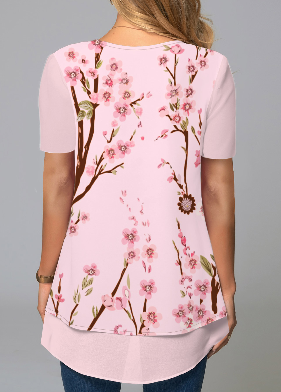 Pink Floral Print Short Sleeve Round Neck Blouse
