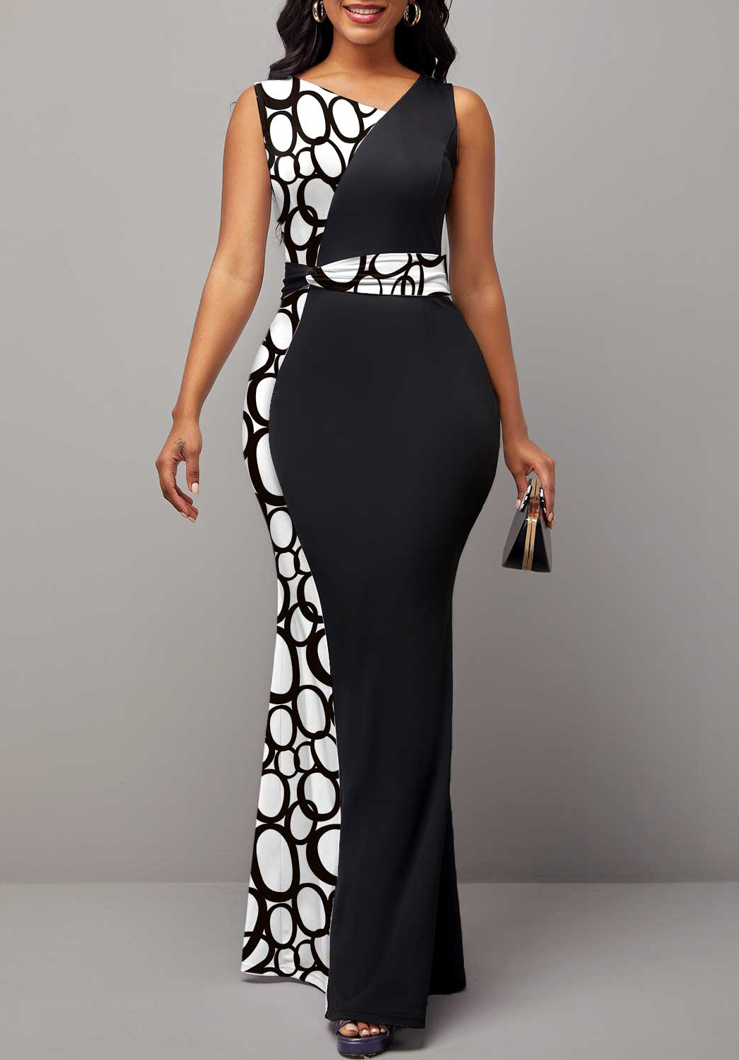 Geometric Print Black Contrast Sleeveless Dress