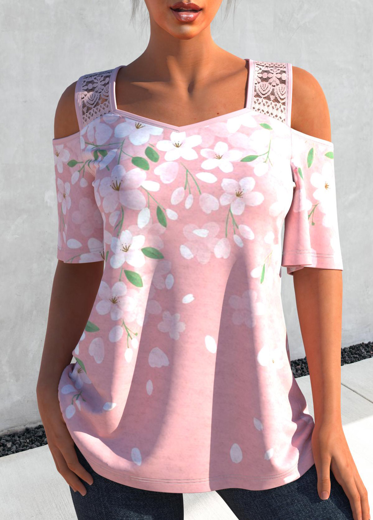 Floral Print Lace Stitching Pink T Shirt
