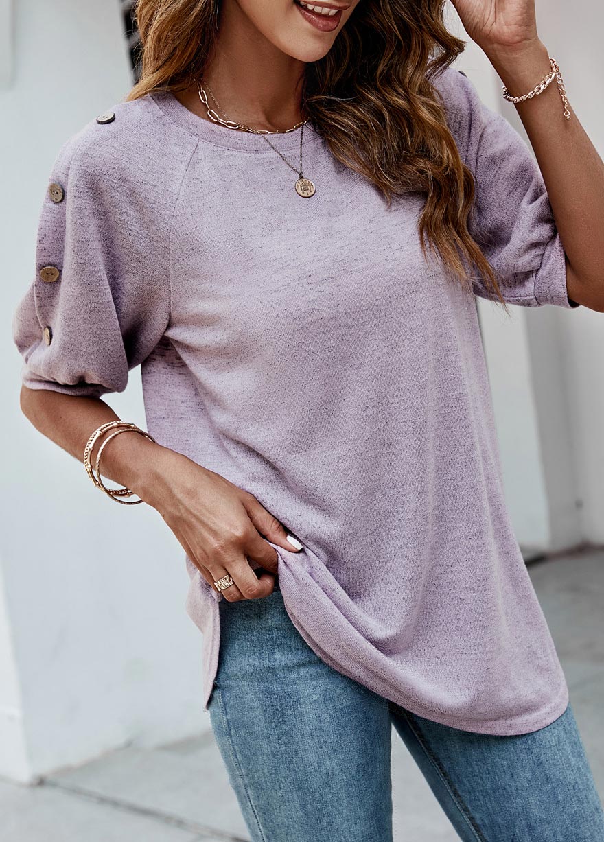 Purple Decorative Button Half Sleeve T Shirt