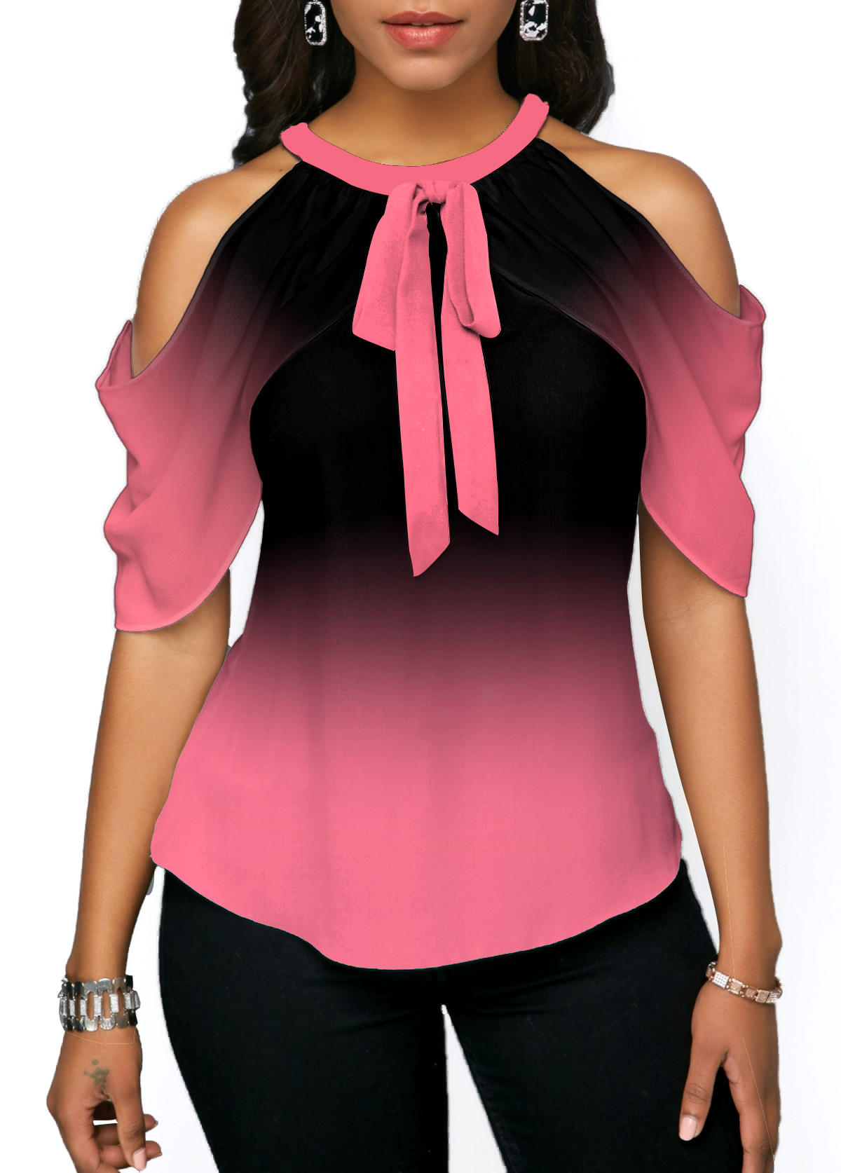 Tie Front Halter Cold Shoulder Pink Blouse