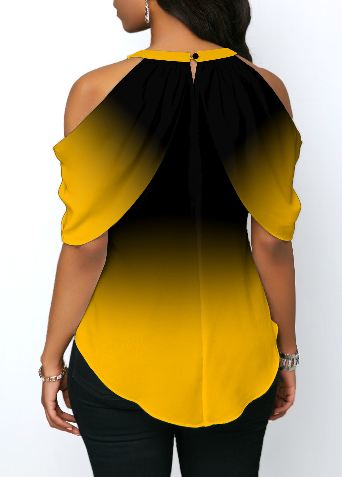 Tie Front Halter Cold Shoulder Yellow Blouse
