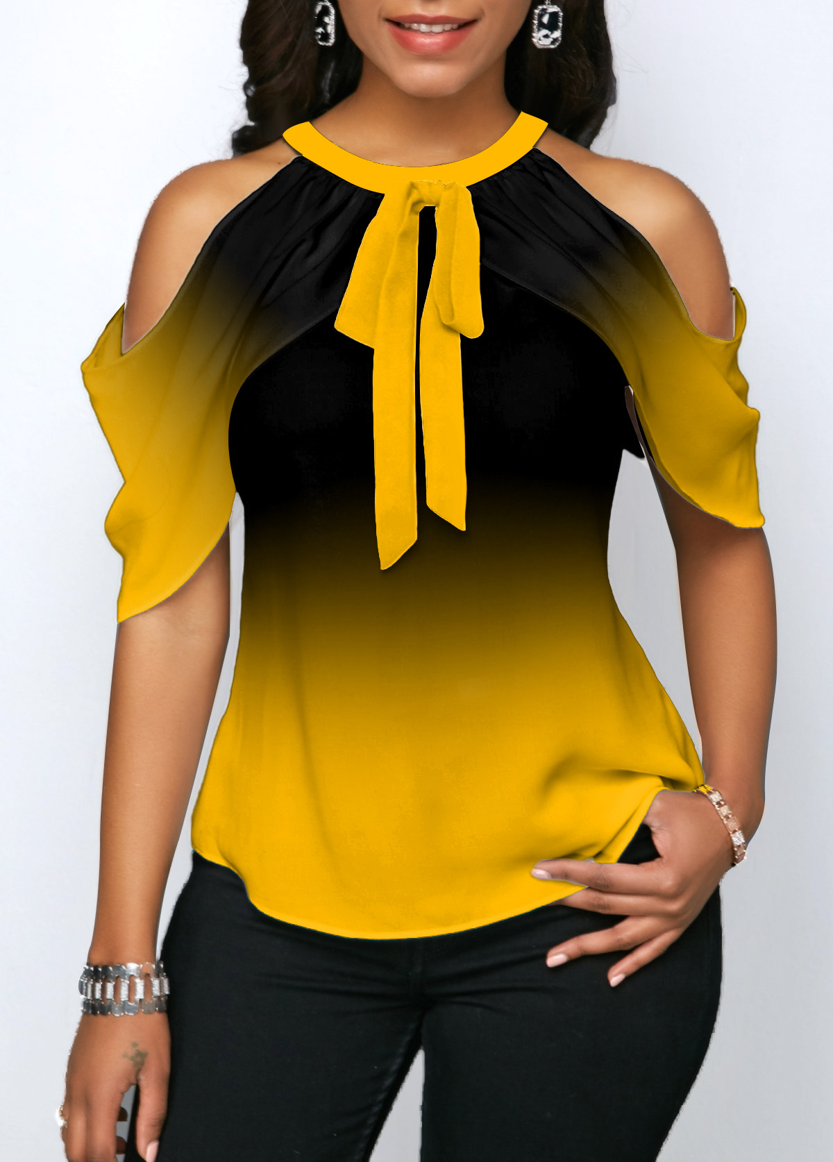 Tie Front Halter Cold Shoulder Yellow Blouse
