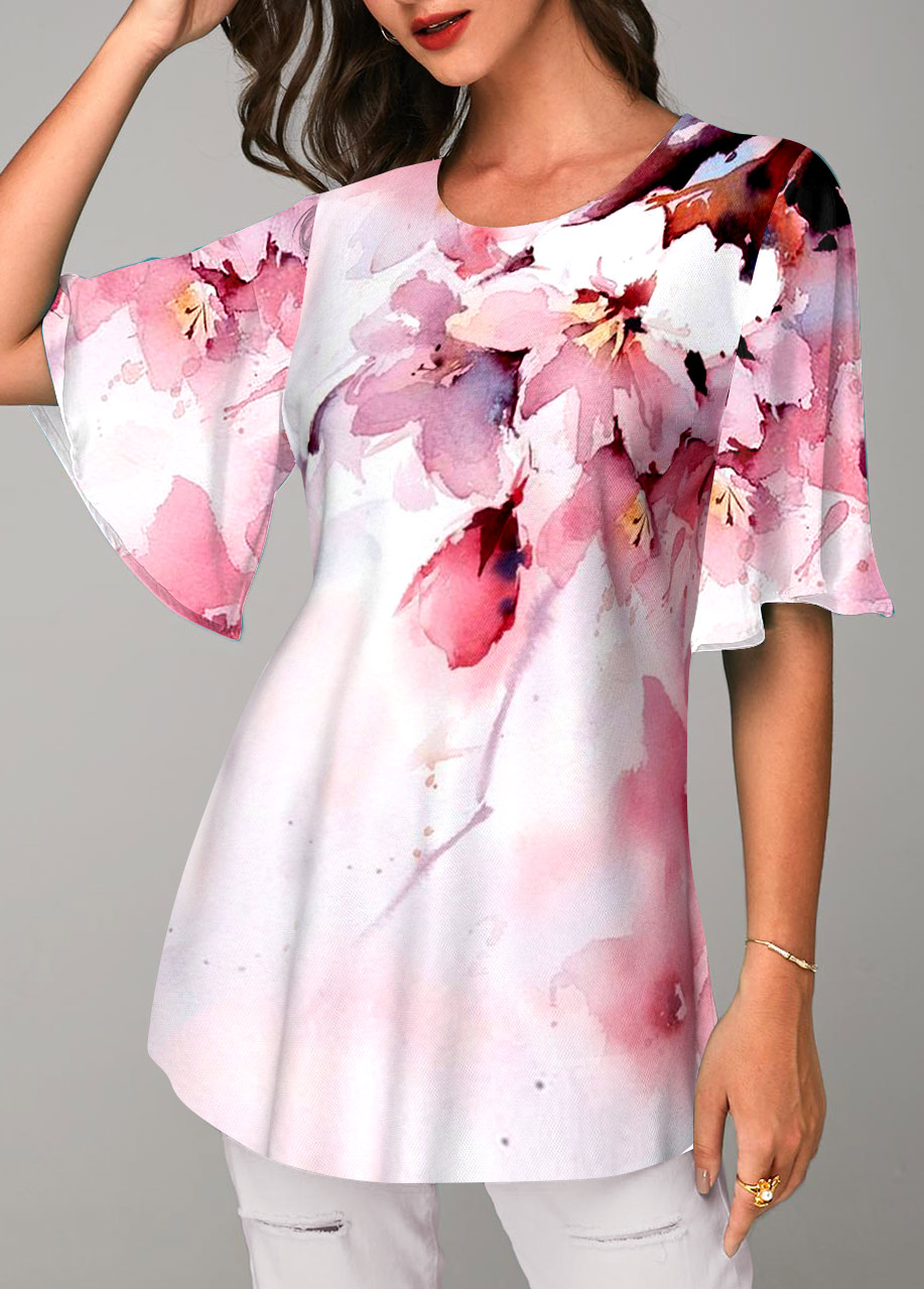 Pink Floral Print Half Sleeve Round Neck T Shirt
