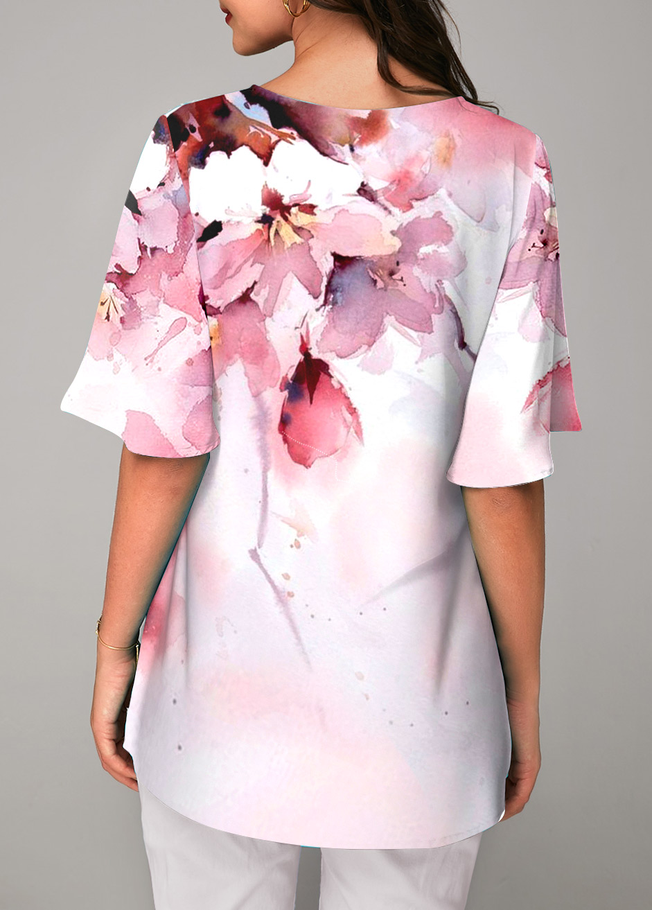 Pink Floral Print Half Sleeve Round Neck T Shirt