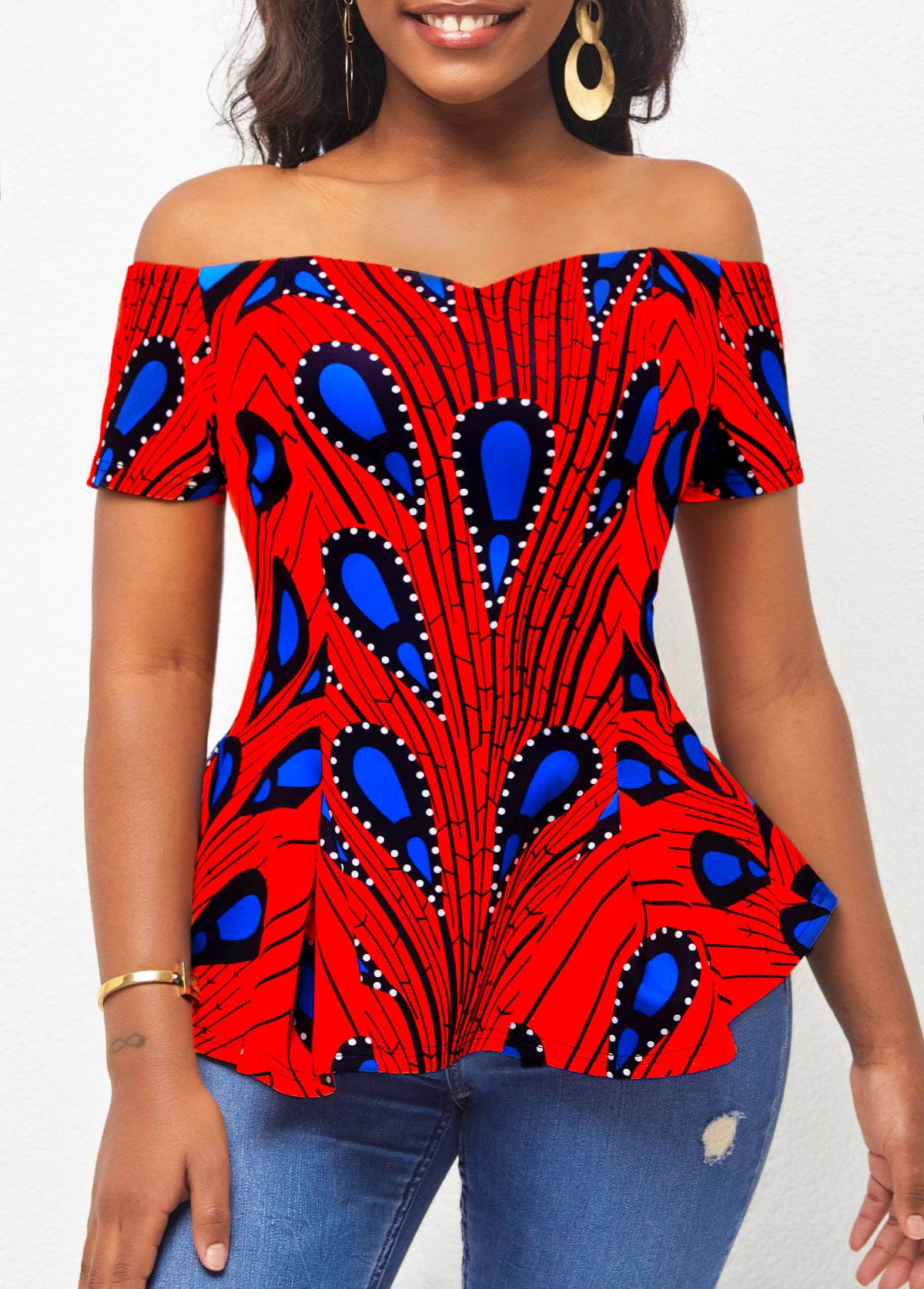 Off Shoulder Ginger Peacock Feather Print T Shirt