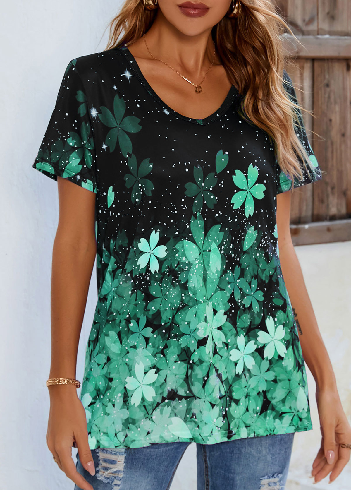 Floral Print Short Sleeve Green T Shirt | picture 