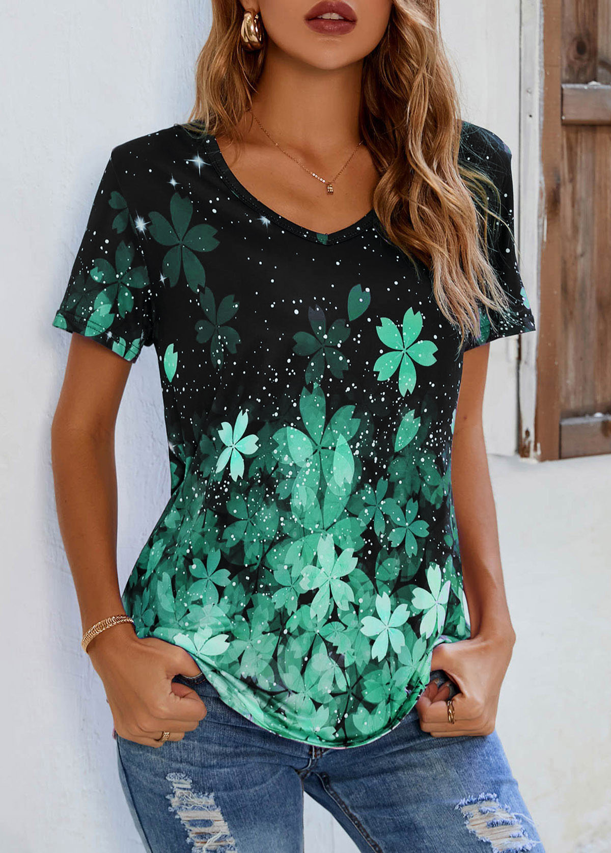 Floral Print Short Sleeve Green T Shirt | picture 