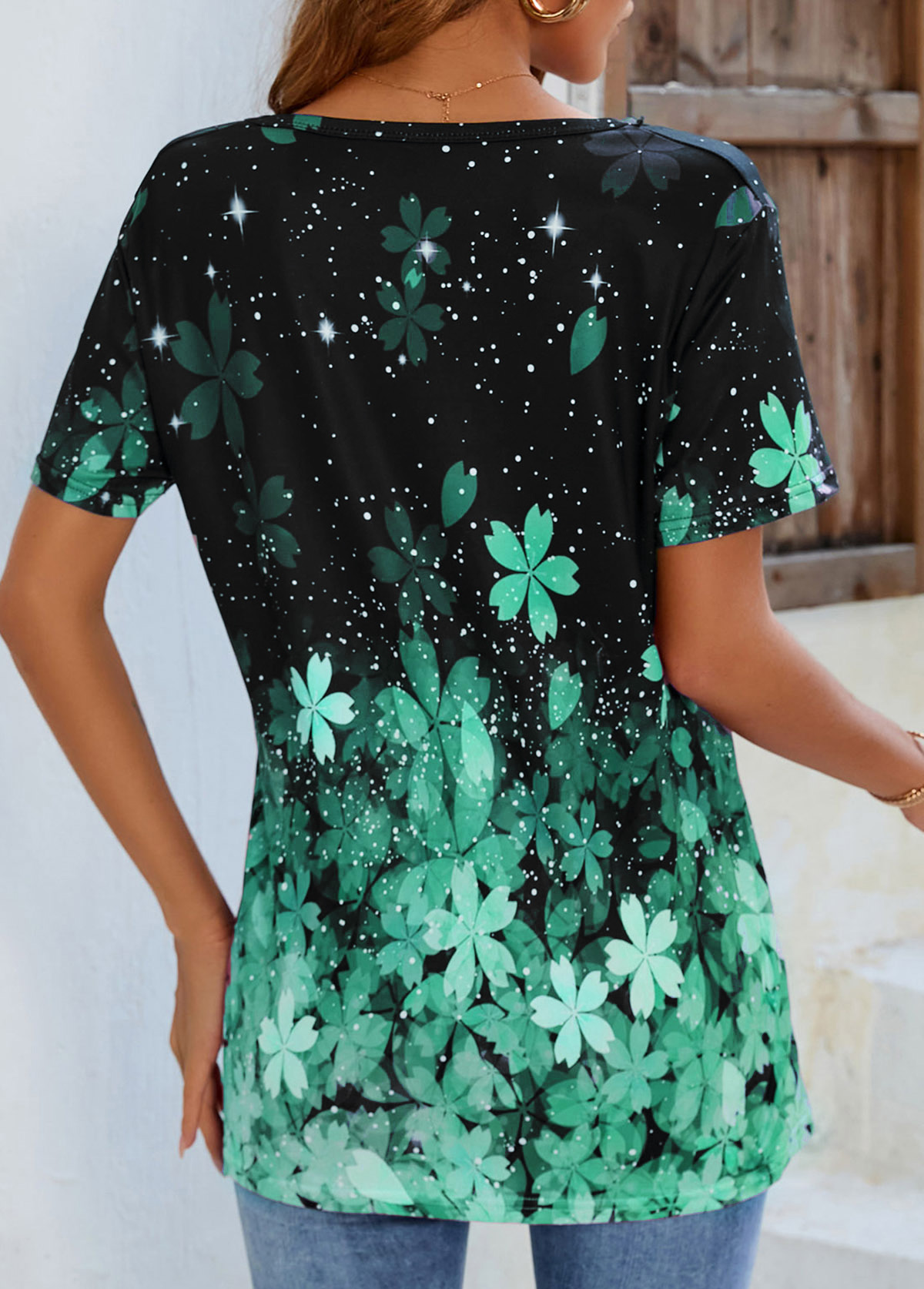 Floral Print Short Sleeve Green T Shirt | picture 