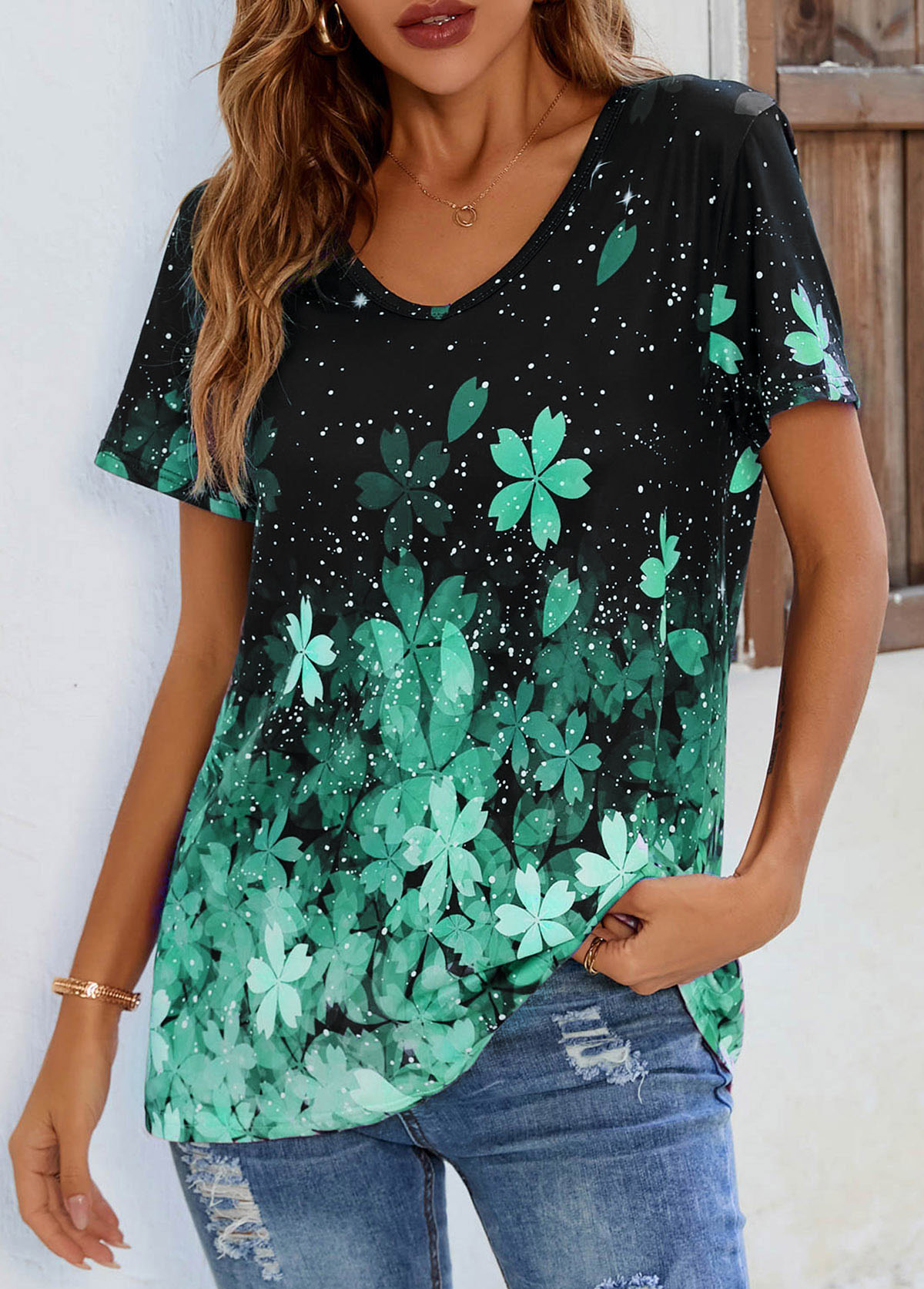 Floral Print Short Sleeve Green T Shirt | picture 