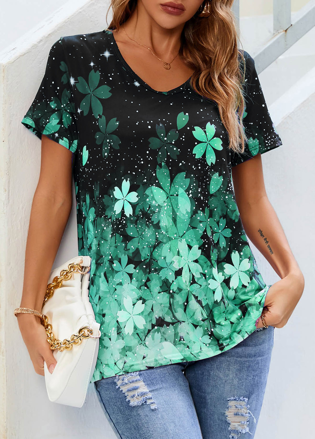 Floral Print Short Sleeve Green T Shirt | picture 