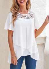 White Cross Hem Short Sleeve Round Neck Blouse