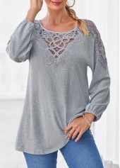 Grey Marl Long Sleeve Lace Panel T Shirt | thumb picture 