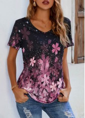 Floral Print Pink V Neck T Shirt | thumb picture 