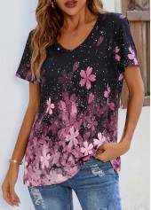 Floral Print Pink V Neck T Shirt | thumb picture 