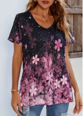 Floral Print Pink V Neck T Shirt | thumb picture 
