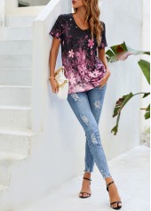 Floral Print Pink V Neck T Shirt | thumb picture 