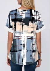 Multi Color Contrast Binding Geometric Print Short Sleeve Blouse | thumb picture 