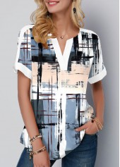 Multi Color Contrast Binding Geometric Print Short Sleeve Blouse