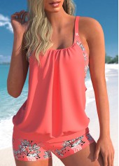 Coral Red Plant Print Blouson Tankini Set