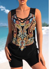 Black Paisley Print Lace Stitching Tankini Set