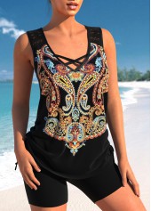 Black Paisley Print Lace Stitching Tankini Set | thumb picture 