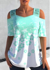 Lace Stitching Floral Print Ombre Cyan T Shirt