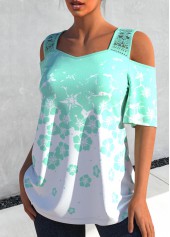 Lace Stitching Floral Print Ombre Cyan T Shirt | thumb picture 