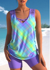 Lace Patchwork Light Purple Ombre Plaid Tankini Set