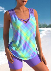Lace Patchwork Light Purple Ombre Plaid Tankini Set | thumb picture 