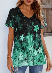Floral Print Short Sleeve Green T Shirt | thumb picture 