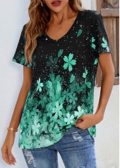Floral Print Short Sleeve Green T Shirt | thumb picture 