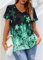 Floral Print Short Sleeve Green T Shirt