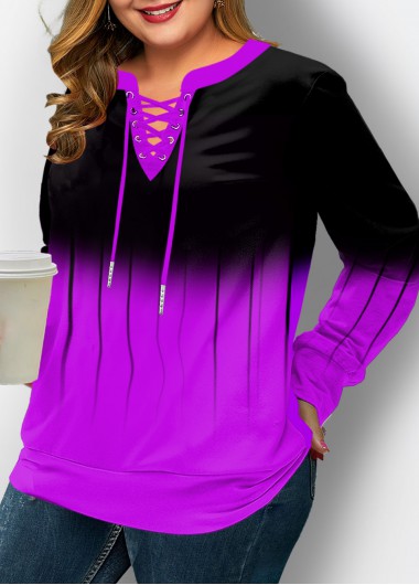 Modlily Lace Up Plus Size Ombre Long Sleeve Sweatshirt - 2X