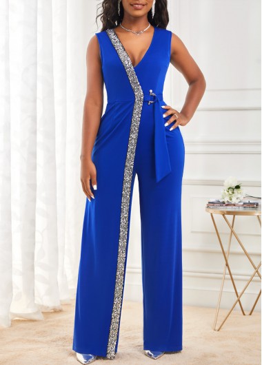 Sapphire Blue Sequin Sleeveless V Neck Jumpsuit | modlily.com - USD 37.98