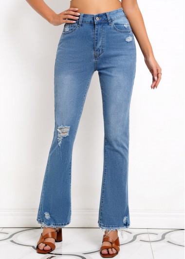 Denim Blue Hole Regular Zipper Fly Jeans     2nd 10%, 3rd 20%, 4th 40%
