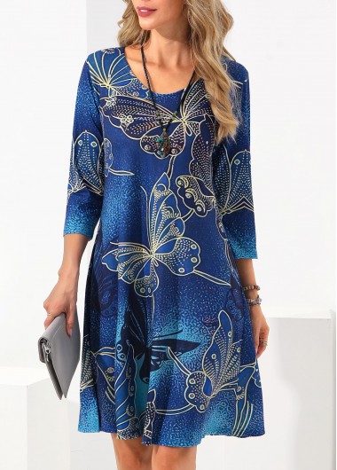 Blue Butterfly Print 3/4 Sleeve Dress  -  2nd 10%, 3rd 20%, 4th 40%