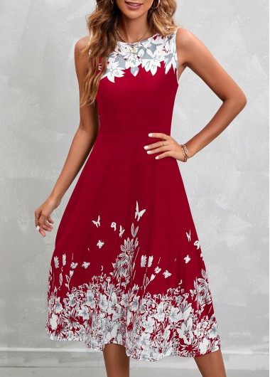 Wine Red Floral Print Sleeveless High Waist Dress  -  2nd 10%, 3rd 20%, 4th 40%
