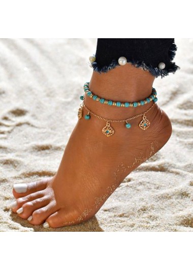 Turquoise Beads Design Metal Detail Anklet Set     