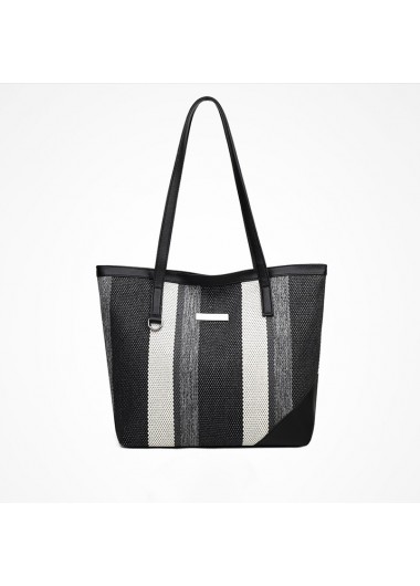 Black Letter and Stripe Print Tote Bag     
