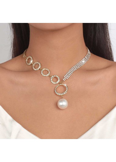 Silver Pearl Rhinestone Circular Shape Detail Necklace     