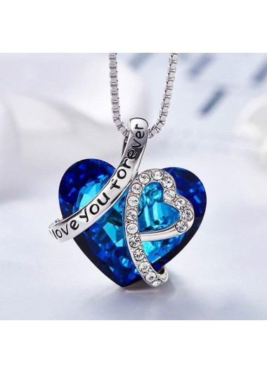 Blue Heart Design Rhinestone Detail Necklace     