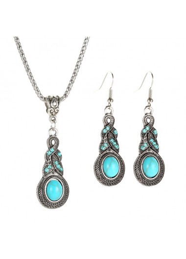 Turquoise Tribal Design Metal Detail Earrings and Necklace     