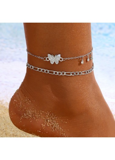 Silvery White Butterfly Rhinestone Anklet Set     