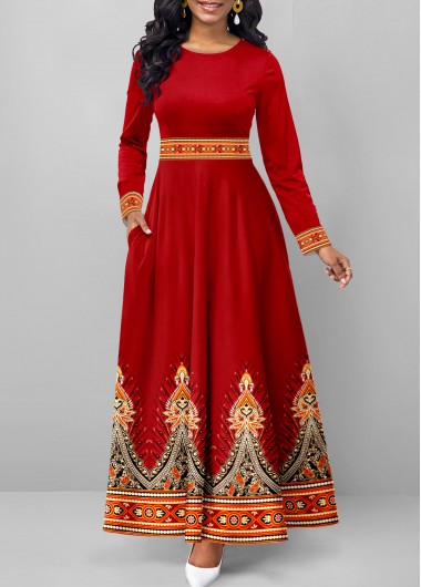 Deep Red Pocket Tribal Print Maxi Dress  -  2nd 10%, 3rd 20%, 4th 40%