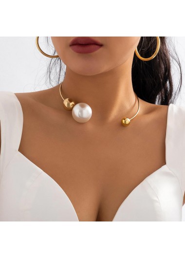 Gold Asymmetrical Pearl Design Metal Necklace     