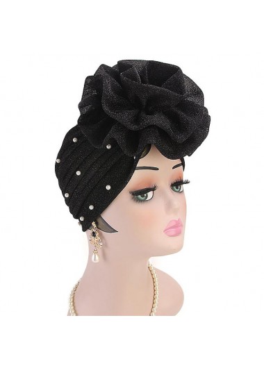 Black Floral Design Pearl Turban Hat     