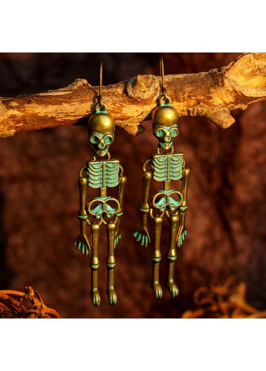 Turquoise Metal Detail Skull Design Halloween Earrings     